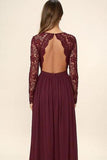 Long Sleeves V-Neck Lace Chiffon A-Line Maroon Prom Dresses P8D37PP2