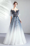 A Line Half Sleeves Tulle Long Ombre Prom Dress with Appliques Blue Evening Dresses STF15001