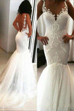 Elegant Mermaid White V Neck Appliques Wedding Dresses, Tulle Beach Wedding Gowns STF15183