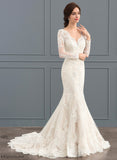 Train Emmalee Court Beading Trumpet/Mermaid With Wedding Lace Wedding Dresses V-neck Dress Tulle