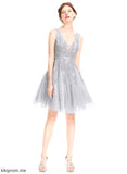 With A-Line Sequins Beading Minnie Knee-Length V-neck Dress Lace Tulle Homecoming Dresses Homecoming