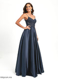 Prom Dresses Satin Laci Lace V-neck Floor-Length Sequins A-Line With