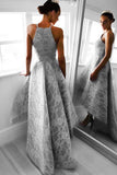 Gray A Line Asymmetrical Halter Sleeveless Lace Prom Dresses