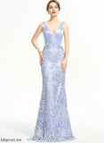 Dominique Beading Satin Lace Sweep Sequins Prom Dresses With Sheath/Column Train V-neck