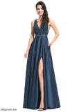 With Lace Raina Prom Dresses Satin A-Line Sequins V-neck Floor-Length