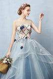 Blue Ball Gown Floor Length Sheer Neck Sleeveless Lace Up Floral Prom Dresses