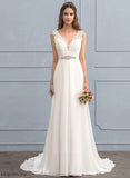 Wedding Train Anika With Lace Sequins Court A-Line Beading Wedding Dresses V-neck Chiffon Dress
