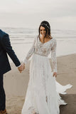 Charming A Line Long Sleeves V Neck Lace Ivory Beach Wedding Dresses, Bridal STF20395