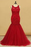 2024 Plus Size Open Back Scoop Prom Dresses Mermaid With Applique And Beads PZN1FEF8