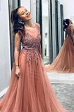 A Line Beaded Long Rosy Brown Tulle Prom Dresses, Round Neck Evening Dresses STF14991