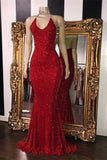 Sexy V Neck Red Glitter Sequins Prom Dresses Mermaid Halter Backless P69QJ4BX