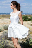 A Line Round Neck Open Back Short Beach Wedding Dress with Lace Pockets STF15018