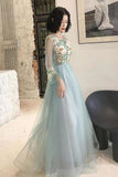 Elegant Long Sleeves Appliqued Tulle Prom Dress Floor Length Appliques PXQ2AJGL