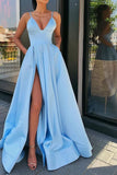 A Line Blue Satin Long Prom Dresses, V Neck High Slit Formal Evening Dresses with Pockets STF14992
