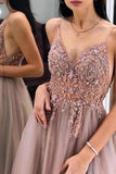 Gorgeous A-Line Spaghetti Straps V Neck Blush Tulle Prom Dresses, Cheap Evening Dresses STF15235