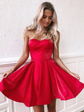 Simple Red Satin Sweetheart Strapless Homecoming Dresses Above Knee Short Prom Dresses STF14982