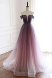 A Line Off the Shoulder Tulle Long Prom Dresses, Lace up Simple Party Dresses STF15008