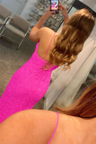 Sevy Glitter Hot Pink Long Backless Prom Dress