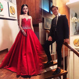 Red Satin Sleeveless Sweetheart Prom Dresses Ball Gowns with Beading