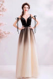 Spaghetti Straps Black Deep V Neck Formal Dress, Floor Length Tulle Ombre Prom Dresses STF15409