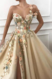 A Line One Shoulder V Neck 3D Flowers Prom Dresses, Tulle Sleeveless Evening Dresses STF15009