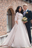 2024 A-Line Lace 3/4 Sleeve Pockets Scoop Satin Button Floor-Length Wedding Dress