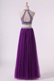 2024 Halter Two Pieces A Line Prom Dresses Beaded Bodice Tulle Floor PD7SHDYZ