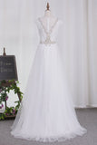 2024 Wedding Dresses Tulle Scoop A Line With Applique And Beads PAC8T5XP