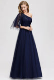 Simple A Line One Shoulder Navy Blue Tulle Prom Dresses Cheap Formal Dresses STF15382