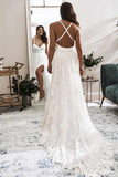 Elegant A Line V Neck Lace Ivory Beach Wedding Dresses with Slit, Bridal Gowns STF15579