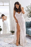 Elegant A Line V Neck Lace Ivory Beach Wedding Dresses with Slit, Bridal Gowns STF15579