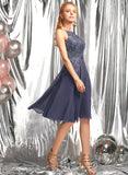 Lace Prom Dresses Scoop Appliques Knee-Length With Saige Chiffon A-Line