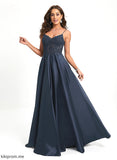 Prom Dresses Satin Laci Lace V-neck Floor-Length Sequins A-Line With