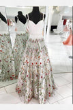 A-Line Spaghetti Straps White Appliqued Cheap Prom Dresses, V Neck Long Evening Dresses STF15052