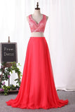2024 Two Pieces Prom Dresses Chiffon V Neck A Line With Beads P49D25QP