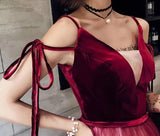 A Line Spaghetti Straps Ombre Long Tulle Prom Dresses, Burgundy V Neck Evening Dress STF15029