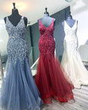 Elegant Mermaid V Neck Straps Tulle Long Prom Dresses Cheap Evening Dresses STF14975