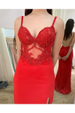 Illusion SweetHeart Neck Backless Spaghetti Red Prom Dresses With Sweep STFP7GFQPJ3