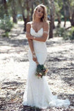 Sexy Spaghetti Straps Mermaid Lace Ivory Wedding Dresses, V Neck Beach Wedding Gowns STF15359