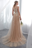Gorgeous A-line Prom Dress Champagne Applique Long Evening Dress