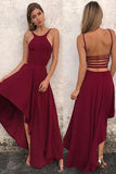 Unique A Line Burgundy High Low Sleeveless Backless Prom Dresses, Cheap Evening Dresses STF15450