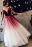 A Line Spaghetti Straps Ombre Long Tulle Prom Dresses, Burgundy V Neck Evening Dress STF15029