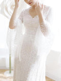 Unique V Neck Lace-up Mermaid Back Bridal Dresses Ivory Lace Trumpet Sleeve Wedding Dresses STF15469