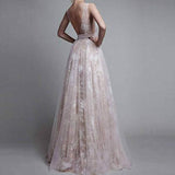 2024 Long Sexy Deep V-Neck Tulle Lace Appliques Floor-Length A-Line Party Prom Dress