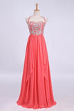 Hot Selling Prom Dresses Halter A-Line Floor Length Chiffon Color Watermelon PQKQB26D