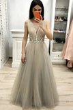 Deep V Neck Sleeveless Floor Length Prom Dress With Beading A Line Tulle Long STFPDHY22YC