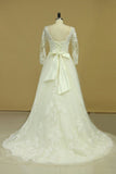 2024 Plus Size Bateau Wedding Dresses 3/4 Length Sleeve With Applique PYCXKHN9