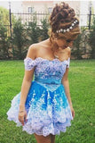Cute Off the Shoulder Blue Lace Appliques Short Prom Gowns, Cute Homecoming Dresses STF15135