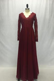 Long Sleeves V-Neck Lace Chiffon A-Line Maroon Prom Dresses P8D37PP2