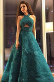 Unique A Line Green Halter Beading Satin Long Prom Dresses, Cheap Evening Dresses STF15451